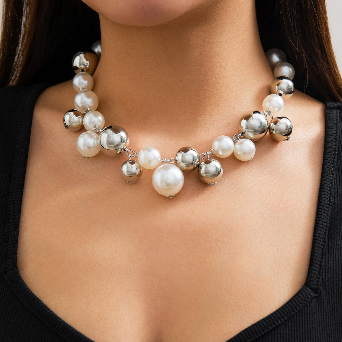 Statement Chunky Faux Pearl Necklace & Bracelet Set