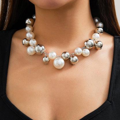 Statement Chunky Faux Pearl Necklace & Bracelet Set