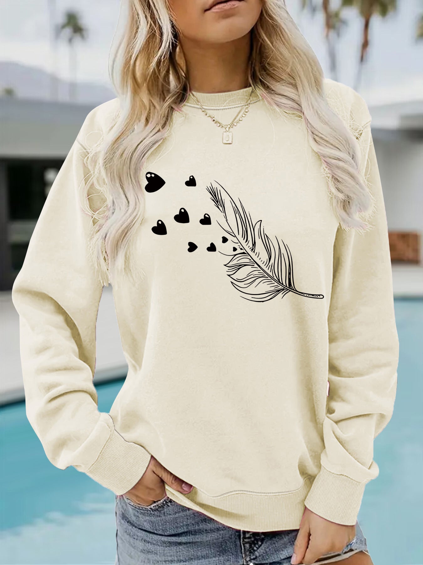 Feather & Heart Print Grey Sweatshirt | Cozy Long Sleeve Pullover for Women