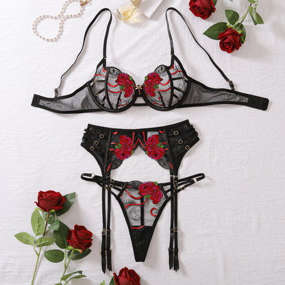 Red Floral Embroidered Mesh 3-Piece Lingerie Set