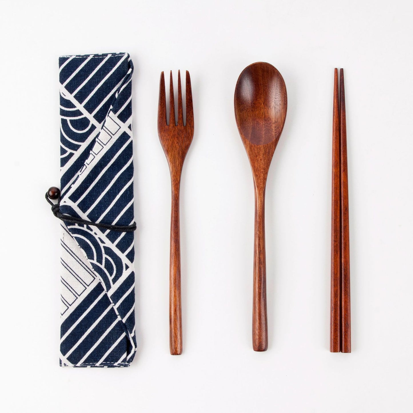 Japanese Style 3-Piece Portable Wooden Cutlery Set with Pouch