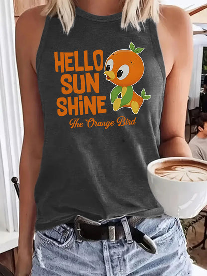 Hello Sunshine' Orange Bird Print Vest | Loose Fit Graphic Tank Top for Women