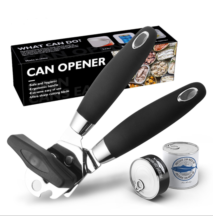 Professional Manual Can Opener - Heavy Duty Stainless Steel Smooth Edge Opener with Ergonomic Soft Grip Handle