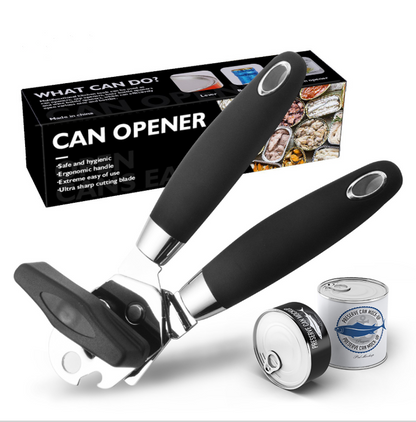Professional Manual Can Opener - Heavy Duty Stainless Steel Smooth Edge Opener with Ergonomic Soft Grip Handle