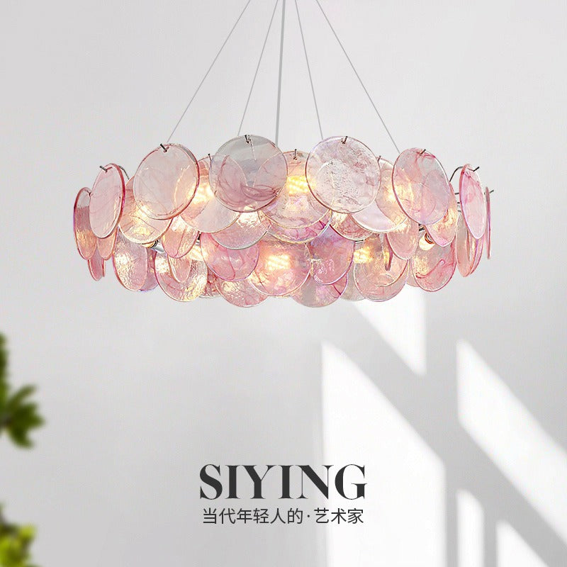 Designer Pink Stained Glass Chandelier - Luxury Artistic Pendant Light for Bedroom & Dining Room