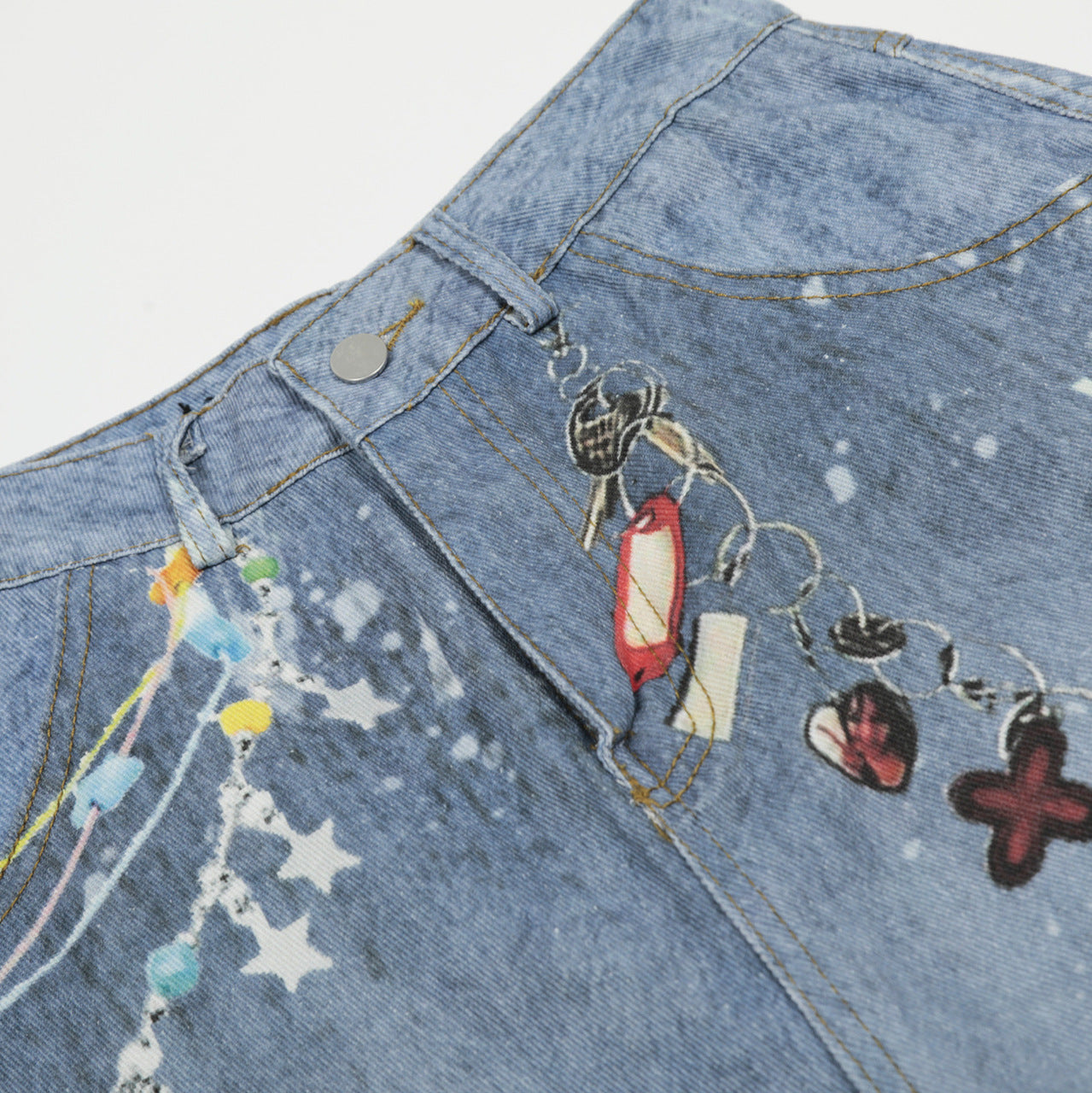Graffiti Splatter Chain Detail Denim Shorts - Unisex Y2K Washed Wide Leg Streetwear Pants