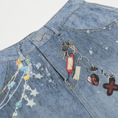 Graffiti Splatter Chain Detail Denim Shorts - Unisex Y2K Washed Wide Leg Streetwear Pants