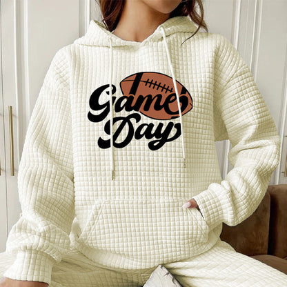Waffle Knit "Game Day" Football Printed Hoodie | Black Hooded Sweatshirt for Women