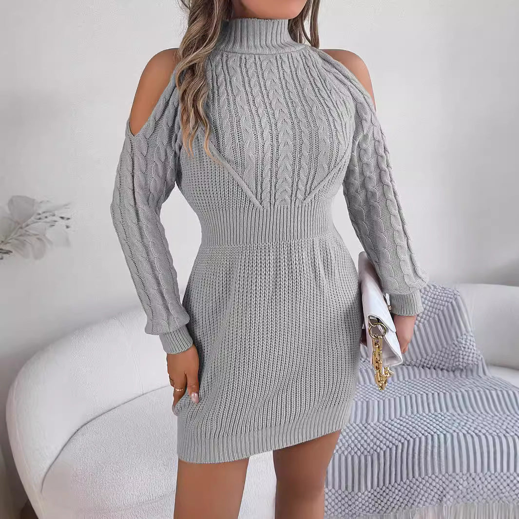 Elegant Turtleneck Lantern Sleeve Knitted Dress - Cozy Autumn & Winter Style