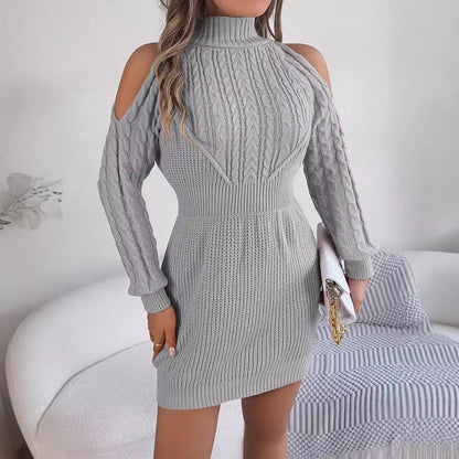 Elegant Turtleneck Lantern Sleeve Knitted Dress - Cozy Autumn & Winter Style