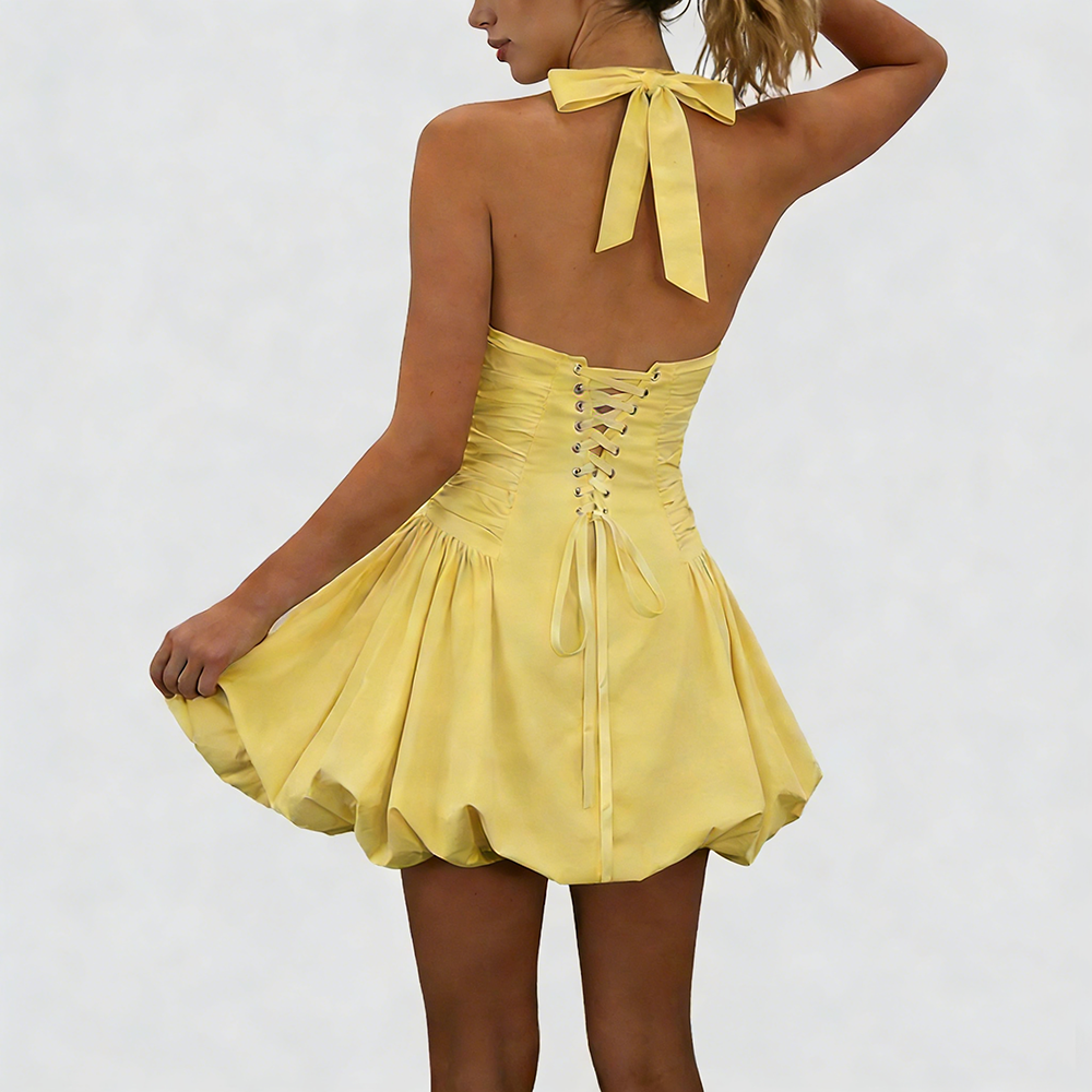 Sexy Deep V Backless Halter Mini Dress – Chic Yellow Bubble Hem Party Dress for Women