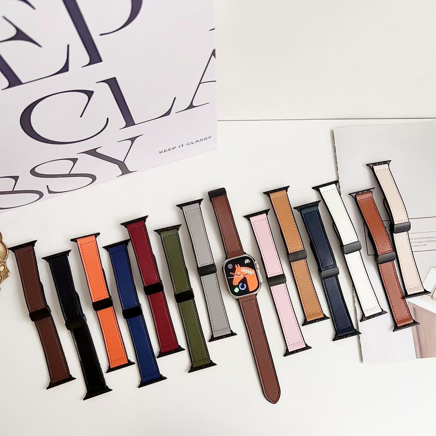 Premium Magnetic Buckle Silicone Skin Watch Band - Vintage Leather Look