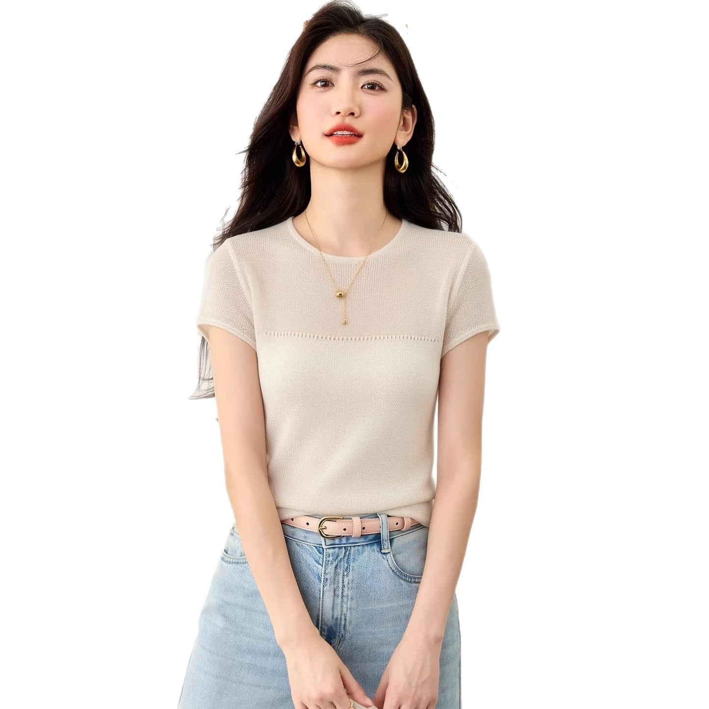 Lazy Style Minimalist Knitted Innerwear Top - Short Sleeve Tee for Women
