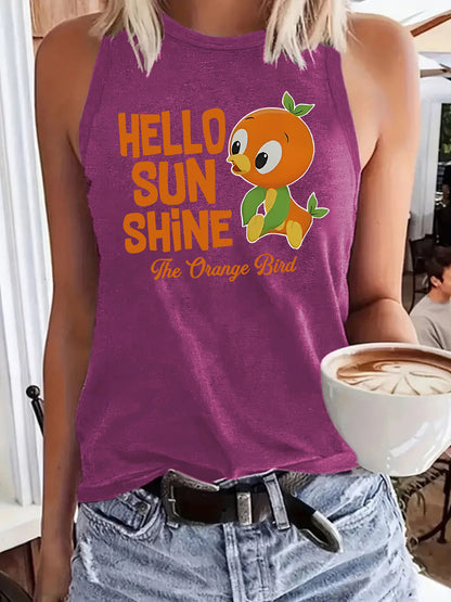 Hello Sunshine' Orange Bird Print Vest | Loose Fit Graphic Tank Top for Women