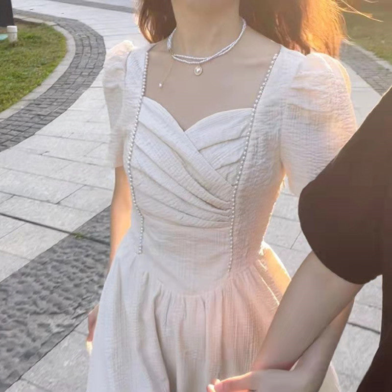French Retro Fairy White Maxi Dress - Elegant Short Puff Sleeve High Waist Gentle Temperament Long Skirt