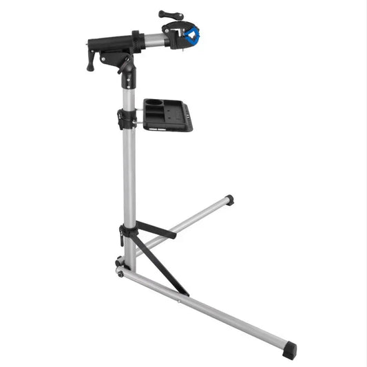 Adjustable portable bike repair stand with tool tray and tripod base on white background.