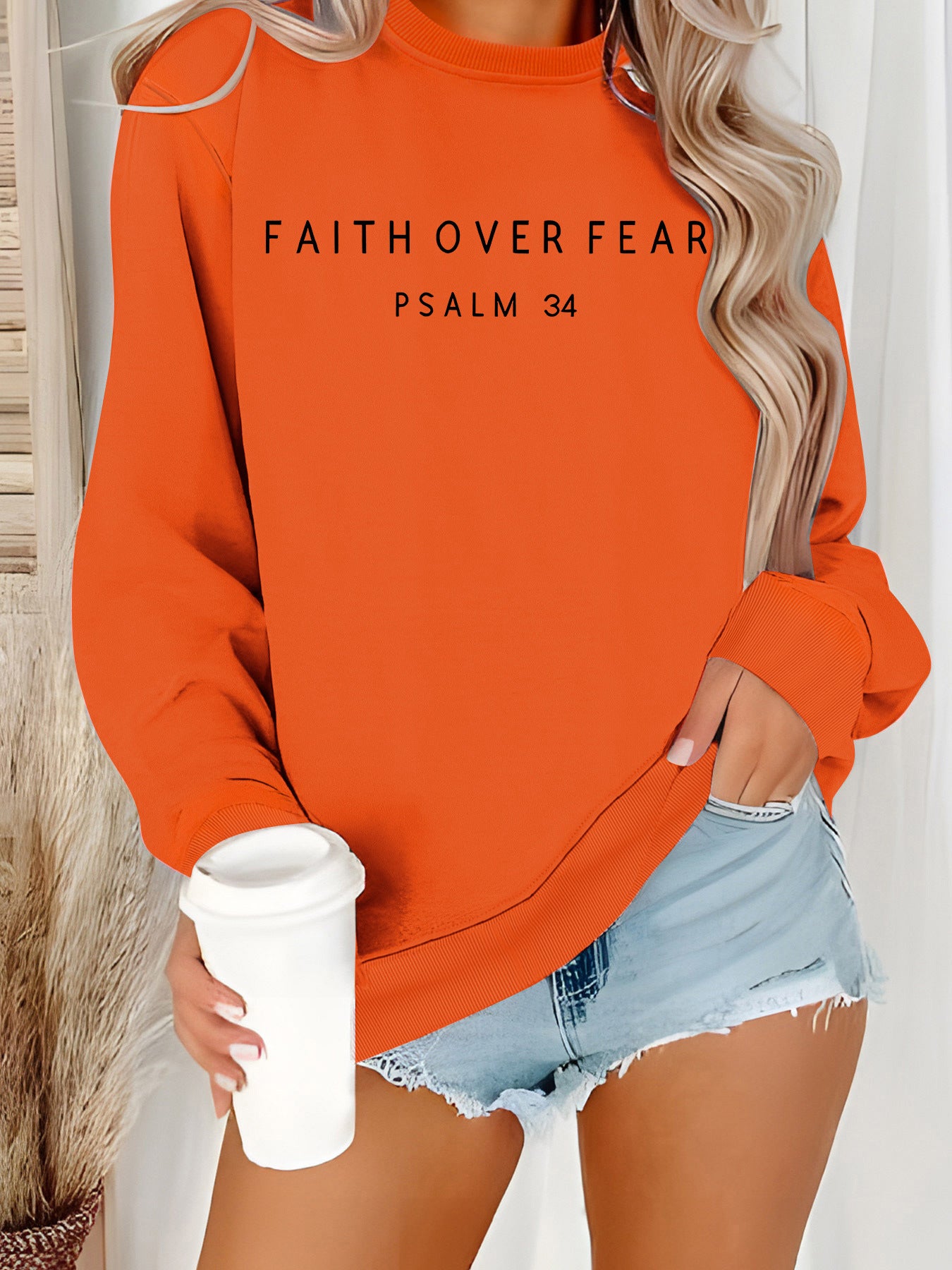 Inspirational 'Faith Over Fear' Letter Print Sweatshirt | Loose Fit Casual Pullover Top