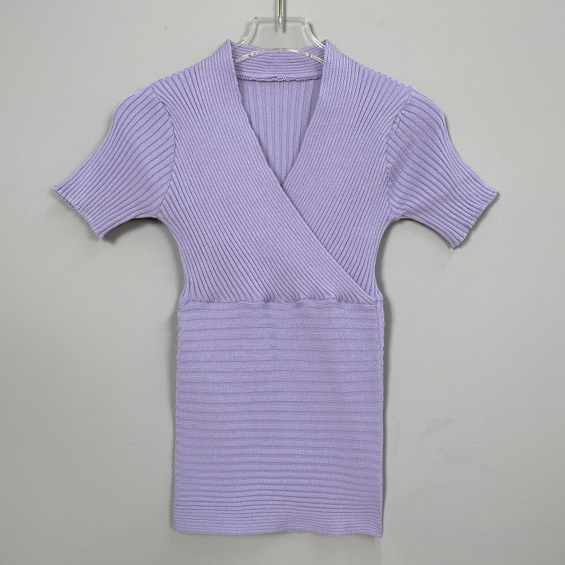 Chic V-Neck Ribbed Knit Short Sleeve Wrap Top