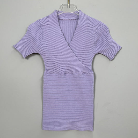 Chic V-Neck Ribbed Knit Short Sleeve Wrap Top