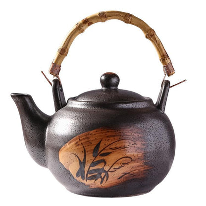 Artisan-Crafted Ceramic Teapots - Multicolored with Traditional Bamboo Rattan Handles