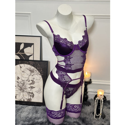 Purple Transparent Push-up Lingerie Set with Stockings
