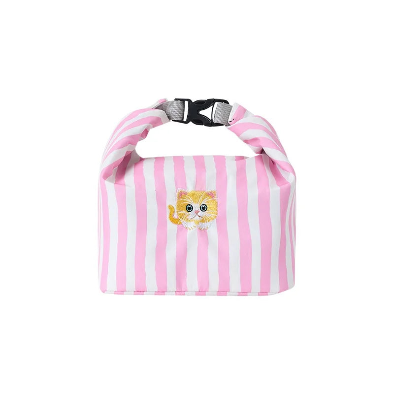 Cute Pink Striped Insulated Lunch Bag - Folding Roll-Top Large Capacity Bento Cooler Bag