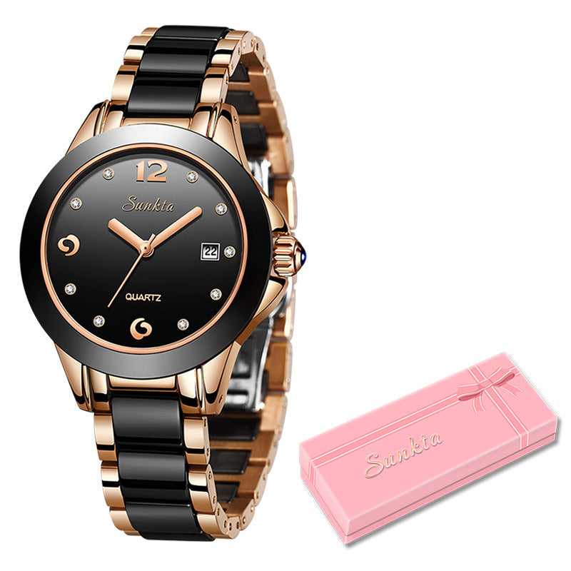 Sunkta Elegant Ladies Fashion Wristwatch with Ceramic Stainless Steel Band
