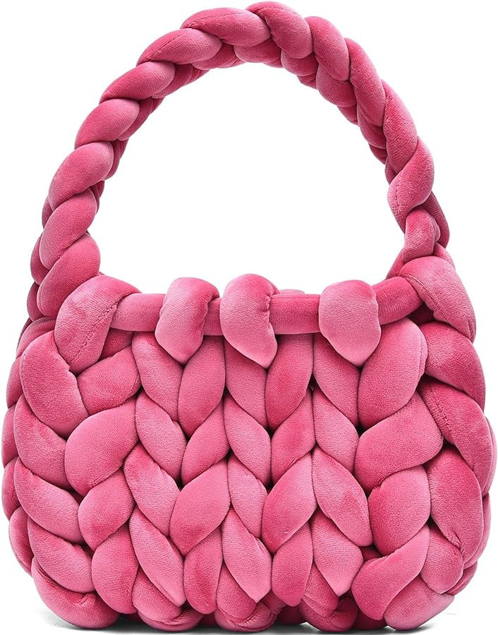 Chunky Hand-Knitted Velvet Yarn Shoulder Bag - Pink