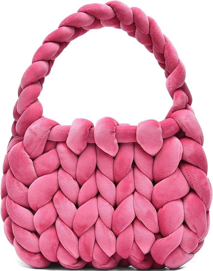 Chunky Hand-Knitted Velvet Yarn Shoulder Bag - Pink