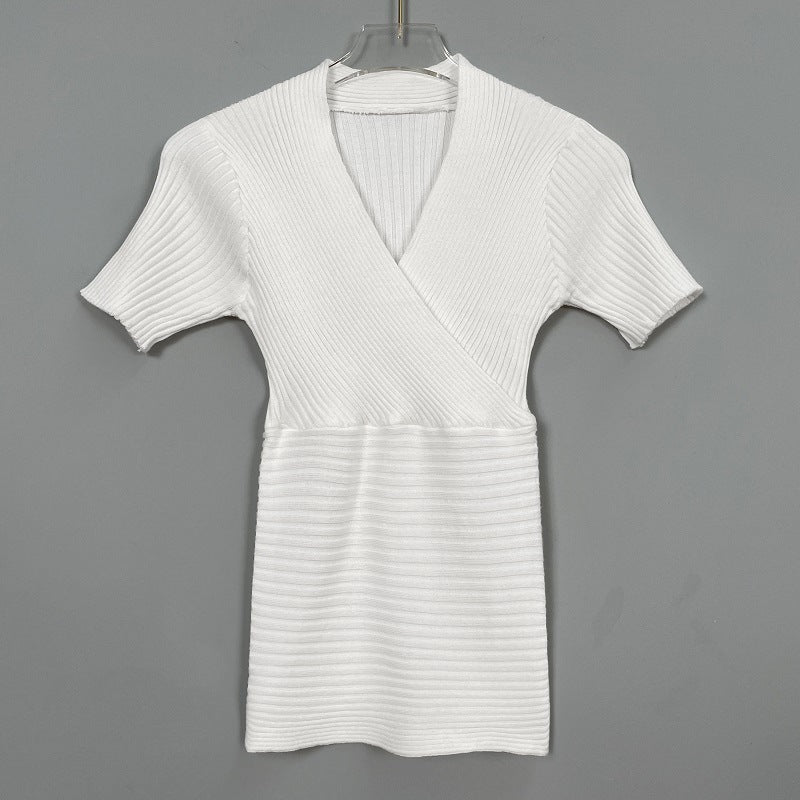 Chic V-Neck Ribbed Knit Short Sleeve Wrap Top