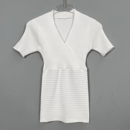 Chic V-Neck Ribbed Knit Short Sleeve Wrap Top