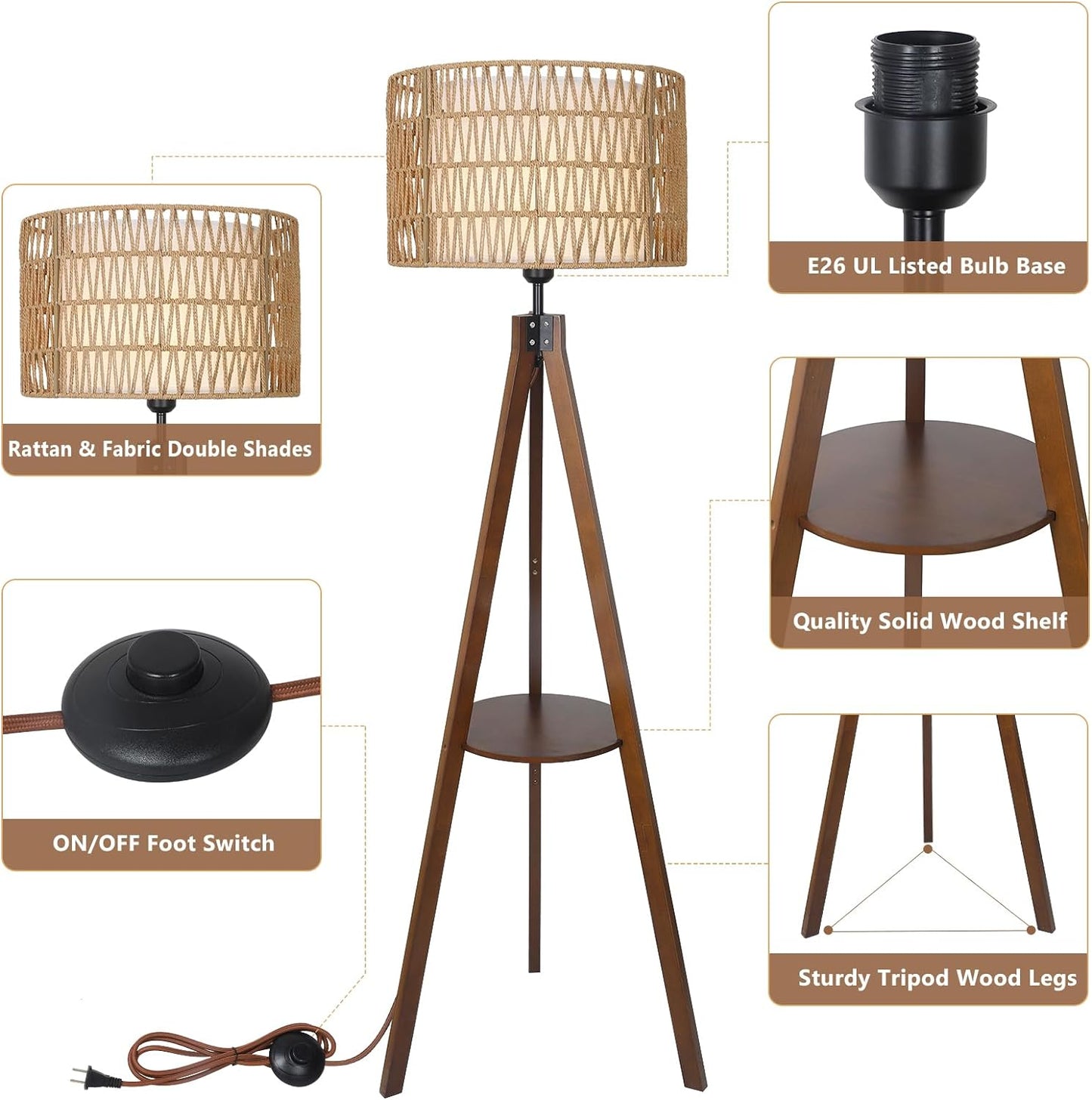 Boho Wooden Tripod Floor Lamp – Elegant Standing Lamp with Rattan Shade & Built-in Shelf for Bedroom Decor