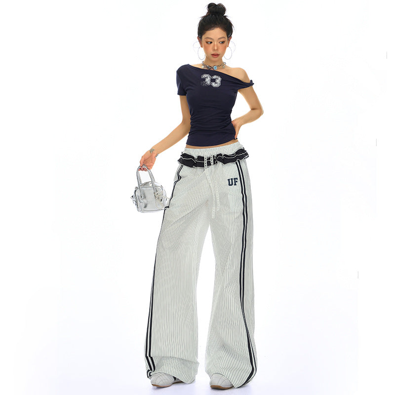 Women's Retro Striped Wide-Leg Track Pants - Loose Sporty Chic