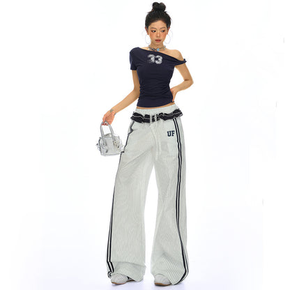 Women's Retro Striped Wide-Leg Track Pants - Loose Sporty Chic