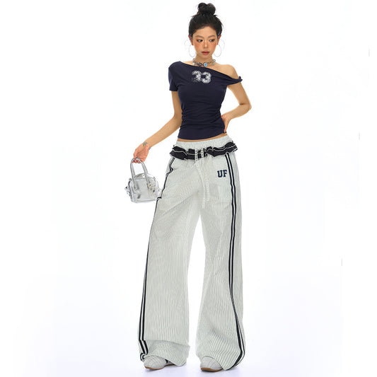 Women's Retro Striped Wide-Leg Track Pants - Loose Sporty Chic