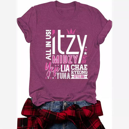 ITZY Slogan Letter Round Neck Short Sleeved Shirt | K-Pop Inspired Graphic T-Shirt