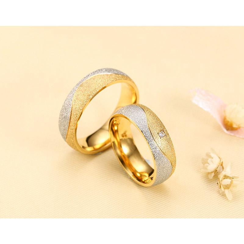 Two-Tone Sand Blasted Couple Ring / Gold & Silver Tone Wedding Band with Small Diamond Accent
