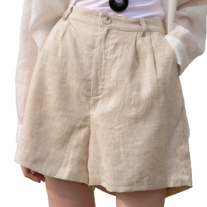 Elegant Pure Linen High-Waisted Shorts - Minimalist Wide-Leg Casual Trousers