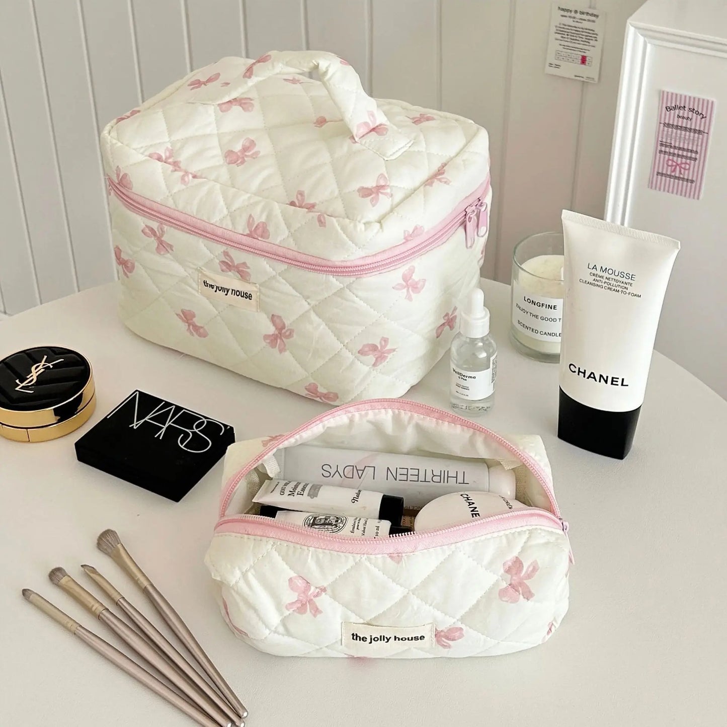 Cute Bow Flower Quilted Cotton Makeup Bag & Toiletry Case Set
