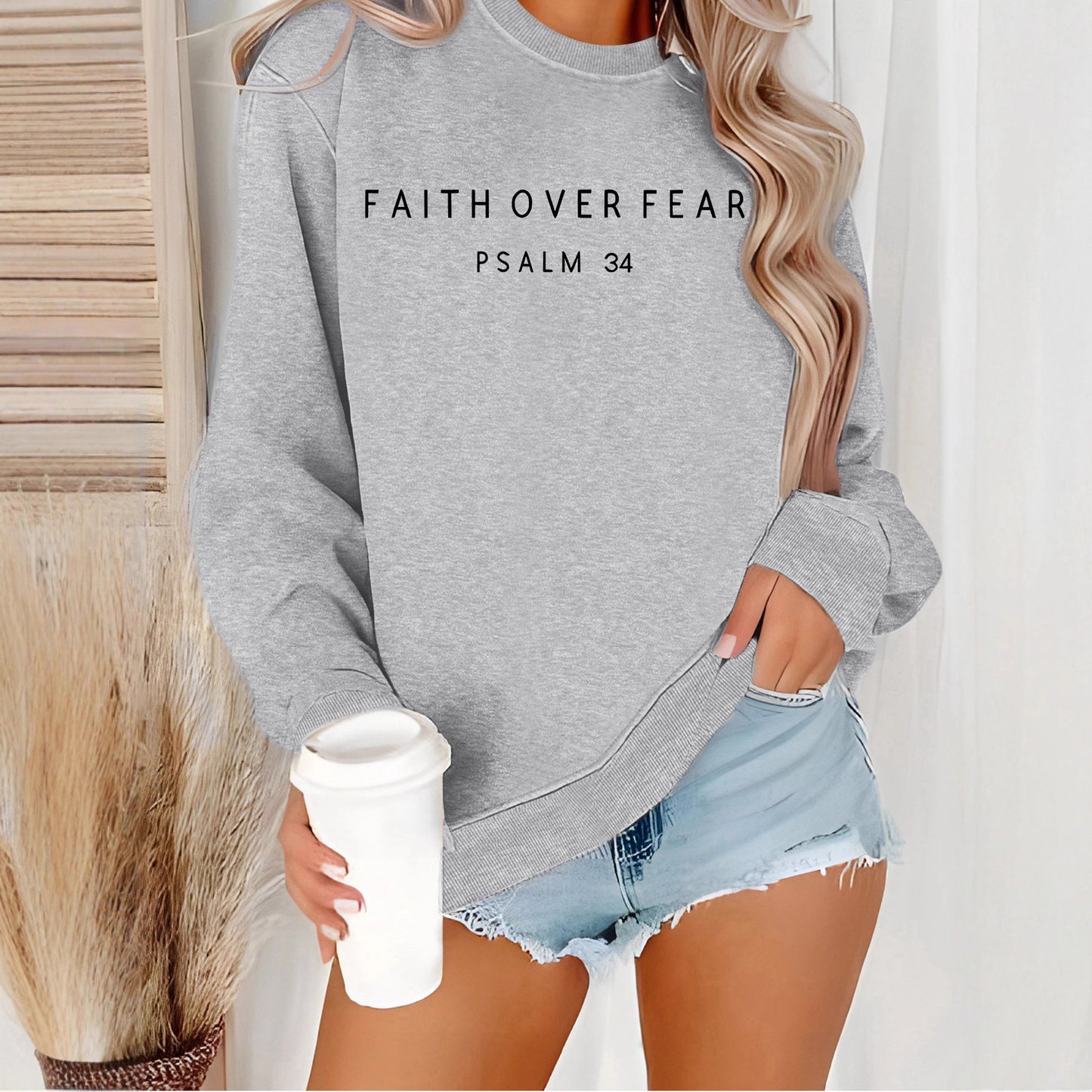Inspirational 'Faith Over Fear' Letter Print Sweatshirt | Loose Fit Casual Pullover Top