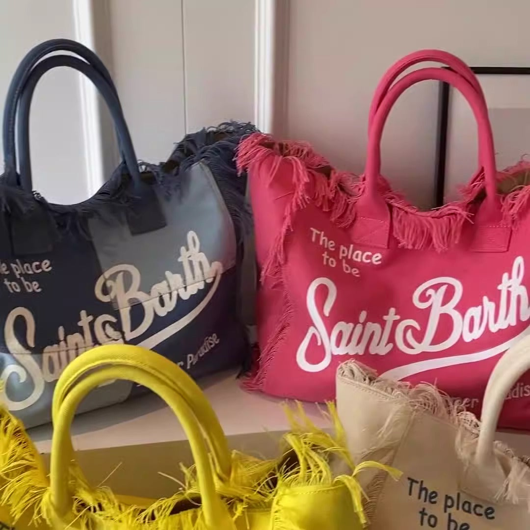 Denim Large Capacity Tote Bag – Canvas Letter Handmade Tassel Handbag