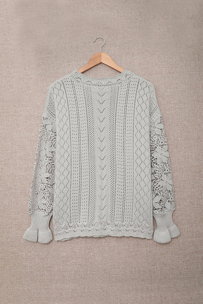 Boho Chic Crochet Knit Sweater - Breezy White Pointelle Pullover