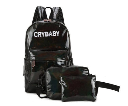 3-Piece Holographic Laser Backpack Set with "Crybaby" Embroidery - School & Travel