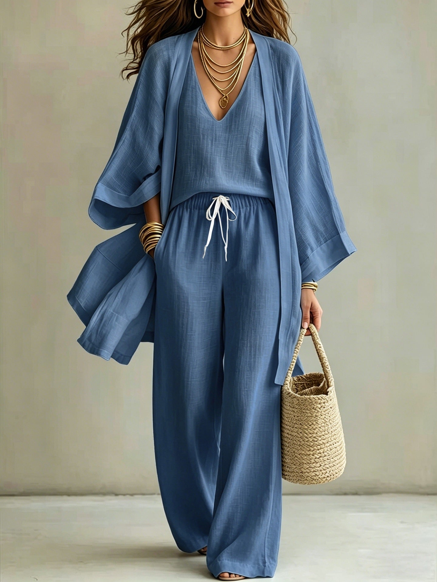 Elegant Linen Look 3-Piece Matching Set - Flowing Open Front Shrug with Wide Leg Pants