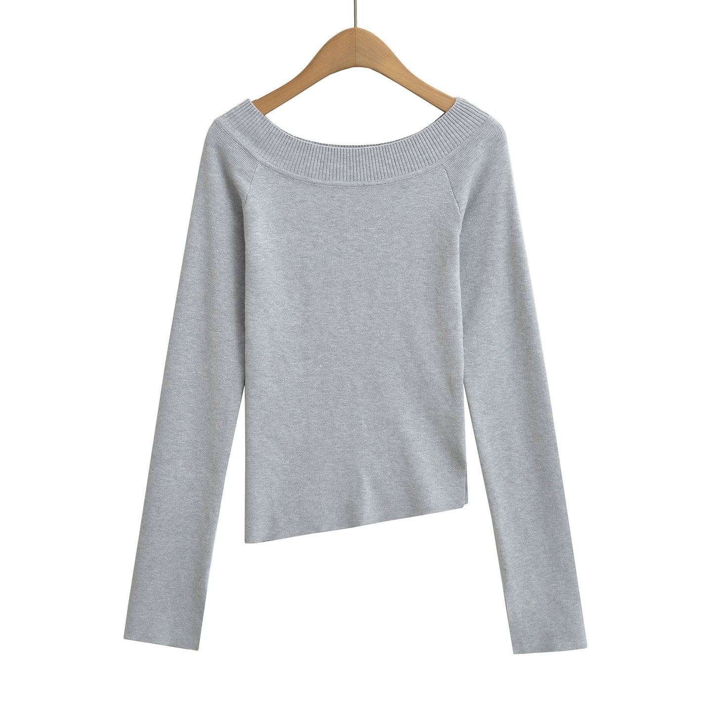 Chic Off-Shoulder Asymmetrical Knit Top – Slim Fit Elastic Long Sleeve Shirt for Women