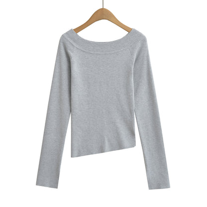 Chic Off-Shoulder Asymmetrical Knit Top – Slim Fit Elastic Long Sleeve Shirt for Women
