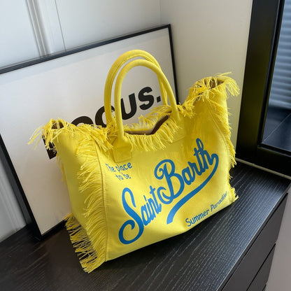 Denim Large Capacity Tote Bag – Canvas Letter Handmade Tassel Handbag