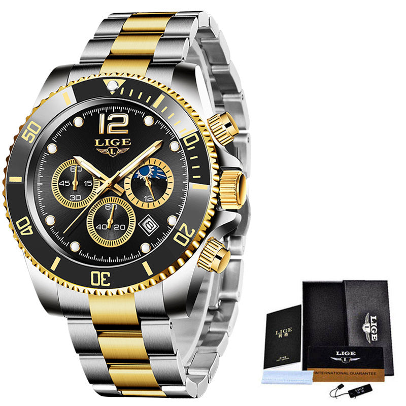 LIGE Luxury Men's Chronograph Quartz Watch - Waterproof Stainless Steel Sports Wristwatch