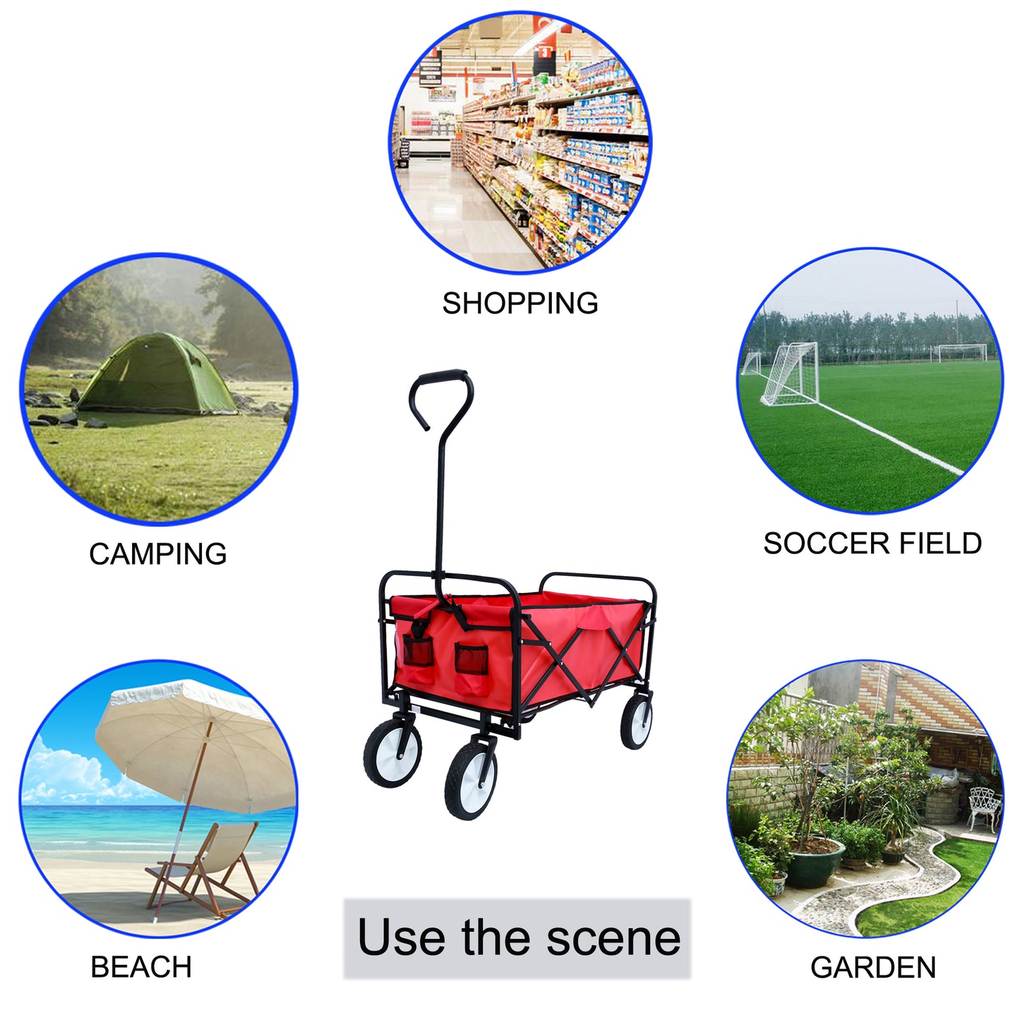 Folding Wagon Garden Shopping Beach Cart – Heavy Duty Red Utility Cart