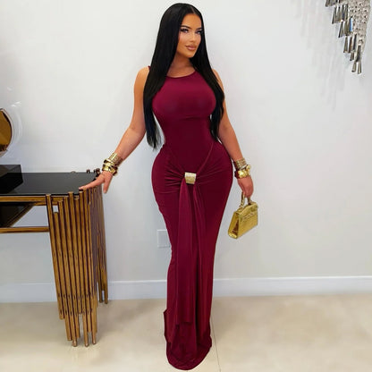 Elegant Deep Red Slim-Fit Backless Maxi Dress – Sexy Sleeveless Evening Gown with Front Knot